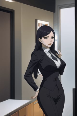 anime woman walking forward, wears a suit and tie, light skin, brown eyes, purple lips, sinister look, graphic novel, visual novel, cinematic, Nikon D750,meidef