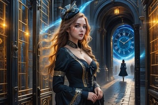 best quality, 4K, masterpiece, 8K, 1 girl,  side view, looking at viewer
,3g3Kl0st3rXL,Time Travel Style   (Masterpiece, best quality, super realistic, 8k, HDR), Envision a detective girl standing in front of the gate of time,, detailed face, blue eyes, long hair, gazing to the sky, big breast, wearing time travel gold and black cascading fashion long advanced cybernetic coat, create hundreds of clock and time watch scattering and swirling every where to encapsulated time travel world, super detailed, time_paradox, time travel theme,Time Travel Style,photorealistic,1GIRL, YELLOW EYES, LONG HAIR, RED HAIR, RED EYES, SOLO, FIREFLYCUS, HAIRBAND, HAIR ORNAMENT, GREY HAIR, <YOUR CUSTOM OUTFIT TAGS LO DRESS, LAYERED DRESS, LONG DRESS, LACE-TRIMMED DRESS, FRILLS, PUFFY SLEEVES, WIDE SLEEVES, BOW, JEWELRY, LONG SLEEVES, HAT), good hands, perfect hands, pretty face, perfect face, childish face, full body, perfect body, pretty stockings, walking, night, pretty dress, perfect dress, castle, palace, perfect palace, palace ,vamptech,FULLBULSH,BK,bukake      