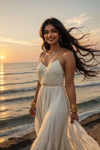 South Asian woman with long, flowing black hair and vibrant green eyes, wearing a flowing white sundress with gold bangles, smiles confidently as she holds her hand on her hip, elbow slightly bent, with a dramatic sunset casting a warm glow on her face.