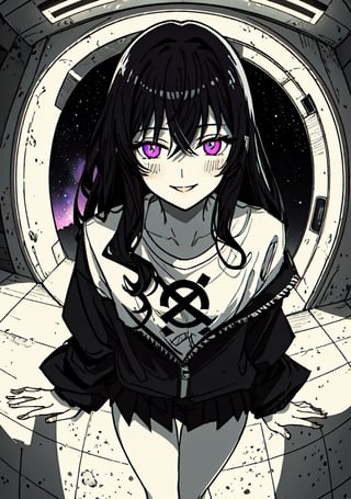 purple_eyes, dark_purple_hair, 1girl, wavy_hair, slim, tiny_girl, small_hands, darken_hair, wind, darken_hair, black_jacket, dark_skirt, star_(symbol), one symbol in the shirt, yellow_star_print_(symbol in the shirt center), happy_face, small_chest,fullmoon white_shirt, one big star_(symbol) blouse, white_shirt ,masterpiece of Digital art, very detailed and coherent, intricate, soft focus, dramatic shadows, basic_background, light_particles, smile,, comprehensive cinematic, magical fotography, (full purple neon lighting), (full yellow neon lighting), moon, PRINT YELLOW (SYMBOL) IN THE CENTER), NO PRINT STAR PURPLE (SYMBOL), print star symbol, ahe_gao, big_thighs, doggy position, pale_skin, 