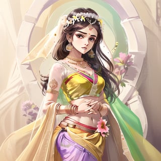 sole_female brrown skin yellow dress saree indian style gemstone jewellary flowers in hand liberary clear hd waering a flower crown white purple pink green 