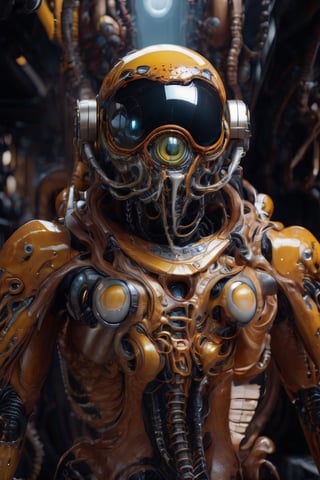 The Xenomorph's elongated head, adorned with intricate biomechanical details, gazes out into the horizon with haunting phosphorescent yellow eyes, hinting at the depths of its extraterrestrial intelligence.cyborg style, cyborg, 3d style,3d render,cg,beautiful, (1girl, looking at viewer,close up), brown eyes, cyborg , mechanical limbs,cute gloves, dancing, dynamic pose, black metalic parts,golden parts, Reflections on metal, ,biopunk style