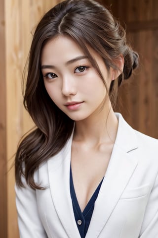 portrait photo of a Top model Japanese teenage girl, 18 years old, seductive smile, small mole under left eye, smooth soft pale skin, symmetrical, at summer, whole body, at school, perfect detail, looking at viewer, make up, (buns:1.2), brown hair, highschool uniform, white open cleavage shirt, navy blue suit, small breasts, soft lighting, highly detailed face, from side, photo realistic, (looking into camera:1.7), HDR, cowboy shot