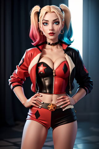 CARTOON_harley_quinn_rebirth_ownwaifu,www.ownwaifu.com,two-tone hair,multicolored hair,blonde hair,breasts,makeup,twintails,blue eyes,lipstick,gloves,shorts,cleavage,navel,midriff,gradient hair,short shorts,choker,hair,eyeshadow,colored skin,pale skin,multicolored clothes,jacket,belt,crop top,open jacket,star (symbol),open clothes,lips,masterpiece,best quality,ultra detailed, 8k, cinematic light,highly detailed, scenery,pose,solo,looking at viewer,