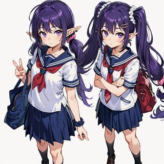 these two anime girls are standing with one giving a peace sign, loose socks, twintails, purple eyes, school uniform, v, socks, skirt, bag, purple hair, elf, long hair, jewelry, scrunchie, earrings, arm hug, pointy ears, bangs, looking at viewer, white background, hair ornament, masterpiece, best quality, expressive hairs