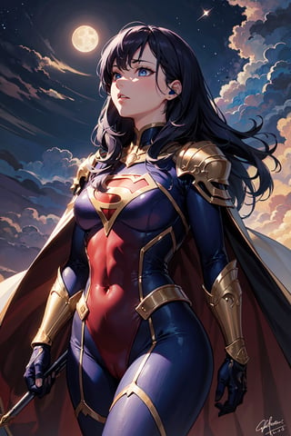 ((Masterpiece, highly detailed, extremely detailed, beautiful, HD)), 1lady, area lighting, hourglass_figure, HD, 8k, supergirl, long_cape, knight purple armor, purple_hair, blue eyes, cloud, flying, moon, night, stars, looking up, closed_eyes