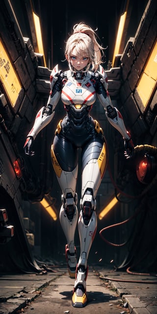 detailed illustrations, digital illustration, high quality, cinematic lighting, (1 Girl), black hair, (ponytail), mecha, mecha fighter, fighting stance, ((fighting pose)), fighting, neon, red exosuit, gold accents, mecha suit, mechanical arms, mechanical parts, correct anatomy,  slender body, smooth skin,  beautiful eyes, (delicate face) , perfect detail, perfect feet,dark studio ,girl,dark studio,Mecha, machine gun