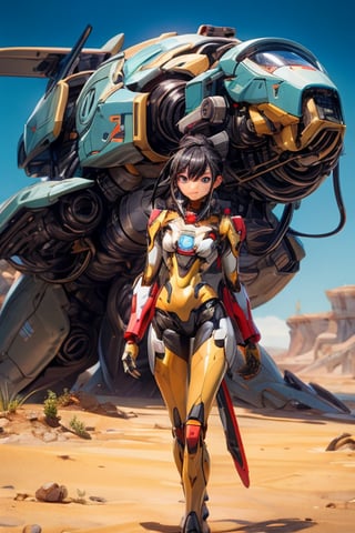 detailed illustrations, digital illustration, high quality, cinematic lighting, (1 Girl), black hair, (ponytail), mecha, mecha fighter, fighting stance, ((fighting pose)), fighting, neon, red exosuit, gold accents, mecha suit, mechanical arms, mechanical parts, correct anatomy,  slender body, smooth skin,  beautiful eyes, (delicate face) , perfect detail, perfect feet,dark studio ,girl,dark studio,Mecha, machine gun,Mecha all,3DMM