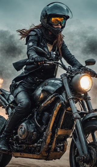 An insanely beautiful dystopian future warrior riding a flying motorcycle. She wears a black helmet with a retrofuturistic night vision eyepiece. The setting is a bloody battlefield, medievalpunk, dieselpunk, atompunk