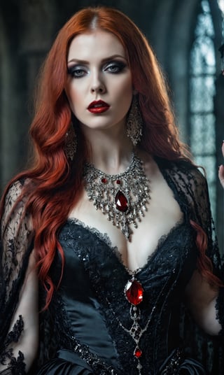 1girl, solo, long hair, breasts, red hair, horror photography. Macabre art, a alluring and blood curdling vampire queen. Regal gown, hyper detailed filigree jewelry. Bloody lips, 