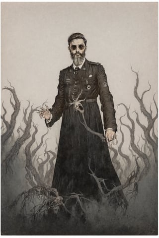 In the style of otherworldly horrorcore, unholy martyr, weird minimalism, insanity fragmentation, surreal pop necrocore art, glorypunk, a man with a beard wearing sunglasses and a black shirt, a picture, aykut aydogdu zener, short white beard, teacher, on a pale background, portait image, tengri, m.w kaluta, sharpened image, very very low quality picture, 2 0 2 2 photo, giorgetto giugiaro, extremly high quality,The_Resurrectionist,photo real postcard,horror