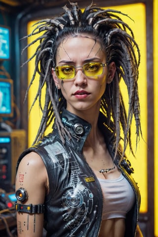 photograph, Cyborg 46 Monk (1girl:1.3) , she is feeling lustful, she has Natural Bio Mechanical lips and large eyebrows, dressed in techno Vest, her Vest is buttoned up, she has Black hair dreads, Anklet, Browline glasses, complex electric yellow background, Panorama, Detailed illustration, Wonder, Ambient lighting, Orton effect, Cinestill 50, Selective focus,Extremely Realistic,monster,cyberpunk style