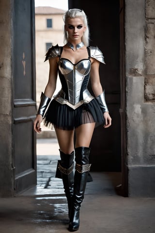 Extremely Realistic, the most lovely and harmless looking girl, white hair, wearing high heeled, metal point and straps boots up to her knees, the most beautiful ballet tutu, a black corset, reinforced with steel plates, steel shoulder and arms armor, metal gauntlets. She is wearing gol shiny jewelry and she is standing with a defiant pose at the entrance of a futuristic medievalpunk saloon.., vintage polaroid aesthetic, grainy, noisy, gritty, grunge, 80s rock vibe. Extremely Realistic,photo r3al,r4w photo,vintagepaper,old style