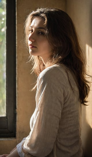 Softly lit bedroom photography, BREAK, Serene woman, (Contemplative:1.3), bathed in warm sunlight, (Gentle:1.2) looking outside, tousled hair, pale hues, quiet atmosphere, BREAK, Captured with a Canon EOS 5D Mark IV, 50mm f/1.8 lens, High dynamic range, warm tones, soft highlights, peaceful ambiance, (Hopeful mood:1.2).