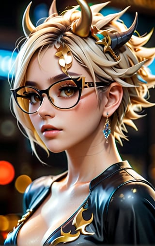 1 girl, dark blond hair, golden reflections hair, short hair, spiky hair, floating hair, feathered hair, glasses, 2 horns on the head, ((horn, jewelry)), dragon girl, black eyeshadow, black and gold outfit, best quality, golden eyes, European model, ((tattoo)), masterpiece, beautiful and aesthetic, high contrast, 16K, (HDR:1.4), lens flare, (vibrant color:1.4), cinematic lighting, ambient lighting, sidelighting, wide shot, ultra realistic illustration, anime style, Full length side view, deep V shirt, shirt unbuttoned, Pale skin, earrings, shape body, artbook artwork, detailed beautfiul face, sculpting, sharp focus, emitting diodes, sparks, 4 k resolution