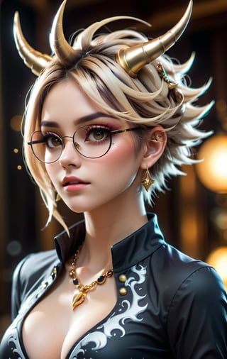 1 girl, dark blond hair, golden reflections hair, short hair, spiky hair, floating hair, feathered hair, glasses, 2 horns on the head, ((horn, jewelry)), dragon girl, black eyeshadow, black and gold outfit, best quality, golden eyes, European model, ((tattoo)), masterpiece, beautiful and aesthetic, high contrast, 16K, (HDR:1.4), lens flare, (vibrant color:1.4), cinematic lighting, ambient lighting, sidelighting, wide shot, ultra realistic illustration, anime style, Full length side view, deep V shirt, shirt unbuttoned, Pale skin, earrings, shape body, artbook artwork, detailed beautfiul face, sculpting, sharp focus, emitting diodes, sparks, 4 k resolution