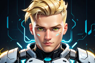 logo for modern app, cartoon style, blond man of 28 y.o.,  classic haircut, blond hair, black eyes, white and light yellow, look seriously, sci-fi armor, Roblox, cyberpunk style, half body view, 2d animation cartoon style, gamer, game logo style,