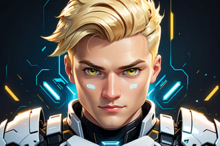 logo for modern app, cartoon style, blond man of 28 y.o.,  classic haircut, blond hair, black eyes, white and light yellow, look seriously, sci-fi armor, Roblox, cyberpunk style, half body view, 2d animation cartoon style, gamer, game logo style,