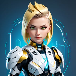 classic haircut, blond hair, black eyes, white and light yellow, look seriously, sci-fi armor, Roblox, cyberpunk style, half body view, 2d animation cartoon style, gamer, game logo style,
