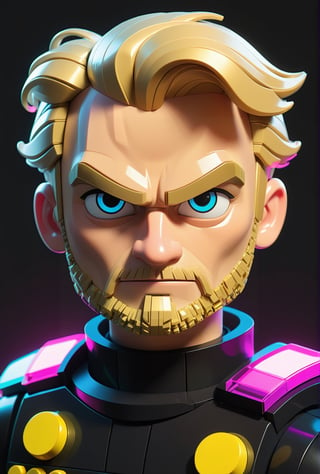 cyberpunk, line art, cartoon style, a man with blonde hair, classic haircut, pixel lego face, short beard - stubble, disney cartoon network, black armor with gold details, at a rave party, neon, cartoon network character, comic painting, bold lines,  white background