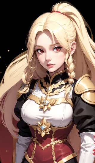 very detailed image, hight quality image, high definition, 1girl, girl with white wolf, blond girl, long blond hair, ponytail, dark red eyes, wearing armour, few multiple views, upper body, reference sheet, big lotus, dark background with gold stars, white wolfs, 5 fingers on each hand, legs and arms with correct shape,