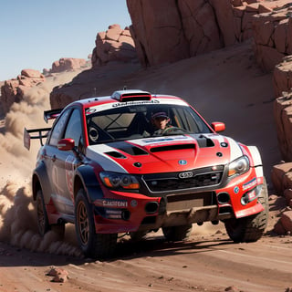 image of the rally car drifting on rough terrain, scatter dust came from tyre, less dust, taken from a ground angle view.,hijabsteampunk