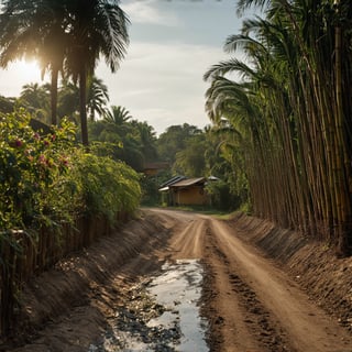 A super ultra clear HD HDR hyper-realistic and hyper-detailed photography, low angle shot of a detailed thailand tradisional wooden village houses, plants and bush, coconut trees, dirt road, tiki bamboo fance with flowers, drainage. cinematic, hyper-realistic, enhanced reflections,  fading light, megapixel cinematic lighting, anti-aliasing, vignette, film grain, SFX, VFX, CGI, RTX, SSAO, FKAA, TXAA, HD HDR, depth of detail, rendered with octane render for realistic lighting and shadow, no blurry, with 12 billion parameters for clarity, texture, and detail.  hyperrealistic,
