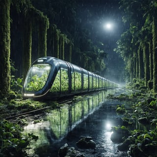 A high-quality hyperrealistic photograph of a futuristic, sleek eco-friendly train with transparent glass carriages filled with vibrant green plants, traveling through a shadowy dark tropical jungle during a dark black night with a dark black starry sky, dark shadowy areas, and no light, zero light, surrounded by diverse flora, a clear river reflecting train light, an ancient broken building covered in moss hidden within the jungle, and ancient broken pillars covered in moss around the jungle, with bad weather. The scene is captured in a super zoom close up view, on ground shot, hyperrealistic, midjourney realistic, photography, hyperdetailed, clear hyperdetailed background, 8k, ultra clear resolution, perfect composition, hyperrealistic texture. eco-friendly train, hyperrealistic,