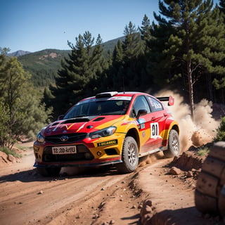 image of the rally car drifting on rough terrain, scatter dust came from tyre, taken from a ground angle view.