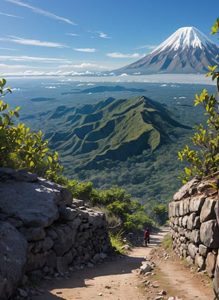 ilustrasi gambar, suasana berangin, di kejauhan tersergam gunung yg tinggi, telah definisi yang sangat terperinci, ultra tinggi, resolusi tinggi, (karya agung),