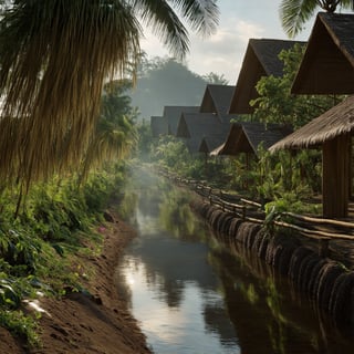 A super ultra clear HD HDR hyper-realistic and hyper-detailed photography, low angle shot of a detailed malay tradisional wooden village houses, plants and bush, coconut trees, dirt road, tiki bamboo fance with miniature flowers, river. cinematic, hyper-realistic, enhanced reflections,  fading light, megapixel cinematic lighting, anti-aliasing, vignette, film grain, SFX, VFX, CGI, RTX, SSAO, FKAA, TXAA, HD HDR, depth of detail, rendered with octane render for realistic lighting and shadow, no blurry, with 12 billion parameters for clarity, texture, and detail.  hyperrealistic,
