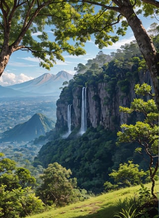 ilustrasi gambar di atas batu besar, di sebelah kirinya terdapat pokok-pokok dan dahan-dahan pokok kecil, suasana berangin, di kejauhan tersergam gunung yg tinggi, fullbody_view, telah definisi yang sangat terperinci, ultra tinggi, resolusi tinggi, (karya agung),