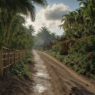 A super ultra clear HD HDR hyper-realistic and hyper-detailed photography, low angle shot of a detailed miniature malay tradisional wooden village houses, a miniature plants and bush, coconut trees, dirt road, tiki bamboo fance with miniature flowers. cinematic, hyper-realistic, enhanced reflections,  fading light, megapixel cinematic lighting, anti-aliasing, vignette, film grain, SFX, VFX, CGI, RTX, SSAO, FKAA, TXAA, HD HDR, depth of detail, rendered with octane render for realistic lighting and shadow, no blurry, with 12 billion parameters for clarity, texture, and detail.  hyperrealistic,
