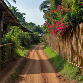 In this super ultra clear HD HDR hyper-realistic photograph, a low-angle camera captures the intricate details of a traditional Thai wooden village. The frame is filled with the rustic charm of weathered houses, overgrown with lush plants and vibrant bushes. Tall coconut trees stretch towards the sky, their trunks adorned with colorful flowers. A meandering dirt road winds its way through the scene, punctuated by a delicate tiki bamboo fence that blooms with fragrant flora. The eye-level perspective emphasizes the textures of the wooden houses and the rustic surroundings, while the shallow depth of field ensures the viewer's attention remains on the intricate details of this idyllic Thai village.