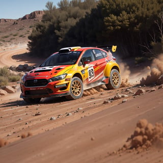 image of the rally car drifting on rough terrain, scatter dust came from tyre, taken from a ground angle view.,hijabsteampunk