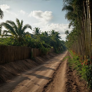 A super ultra clear HD HDR hyper-realistic and hyper-detailed photography, low angle shot of a detailed thailand tradisional wooden village houses, plants and bush, coconut trees, dirt road, tiki bamboo fance with flowers, drainage. cinematic, hyper-realistic, enhanced reflections,  fading light, megapixel cinematic lighting, anti-aliasing, vignette, film grain, SFX, VFX, CGI, RTX, SSAO, FKAA, TXAA, HD HDR, depth of detail, rendered with octane render for realistic lighting and shadow, no blurry, with 12 billion parameters for clarity, texture, and detail.  hyperrealistic,
