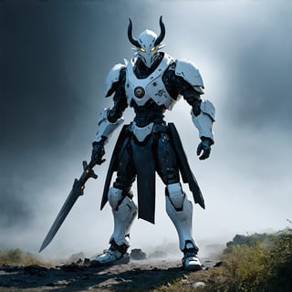 A futuristic landscape with misty fog rolling in sets the tone for a cinematic showdown. The WHITE cybernatic samurai cyborg stands tall, donning an oni mask that seems to glow with an otherworldly intensity. Advanced technology and agility are exemplified as it wears the Enhanced Sensors-equipped Exoskeleton Armor, its metallic limbs flexing with fluid motion. Ultra-realistic textures pop in 8K UHD, showcasing a fully-armed warrior with solid armor plating and intricate design details. The cybernatic warrior's body is encased in nano-tech grey circle gears at center, radiating high-tech energy. Big shoulder armor plates protrude from the cyborg's frame, while it holds aloft a massive hi-tech sword. Dramatic shadows cast an air of mystery as this technological titan prepares for battle.