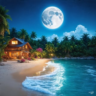 In this exquisite 32K UHD Octane rendering, a remote, idyllic beach scene at night captivates the viewer with its serene beauty. A charming, striking colorful wooden beach house is nestled among tall, striking green coconut trees, creating a picturesque setting. The landscape is further enhanced by beautiful colorful flowers that surround the house. The pristine, white-sand beach and crystal-clear waters with gentle waves lapping at the shoreline add to the scene's allure. The full moon casts a soft, silvery glow over the surroundings, illuminating every detail and emphasizing the tranquility of this enchanting beach paradise.