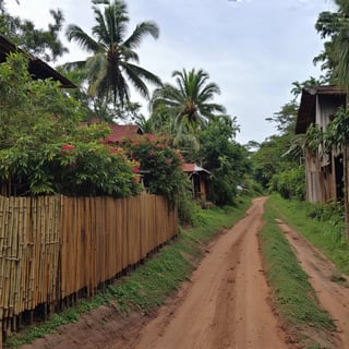 In this super ultra clear HD HDR hyper-realistic photograph, a low-angle camera captures the intricate details of a traditional Thai wooden village. The frame is filled with the rustic charm of weathered houses, overgrown with lush plants and vibrant bushes. Tall coconut trees stretch towards the sky, their trunks adorned with colorful flowers. A meandering dirt road winds its way through the scene, punctuated by a delicate tiki bamboo fence that blooms with fragrant flora. The eye-level perspective emphasizes the textures of the wooden houses and the rustic surroundings, while the shallow depth of field ensures the viewer's attention remains on the intricate details of this idyllic Thai village.