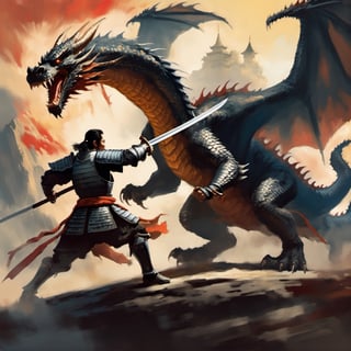 A samurai fighting a big dragon have pair of wings in a medieval painting style.,action_pose, knight&dragon