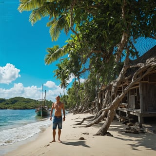 a hyperrealistic photography of a breathtakingly detailed image, an old South East Asian man standing on the sandy beach island beside a old traditional South East Asian wooden house. while coconut trees sway above, their leaves rustling gently in the breeze. A tall Rhû tree stands proud, its branches tangled in a net. As the sun shines brightly from a clear blue sky, casting a warm glow and shadow, the camera captures both an ultra-detailed close-up shot of the boat and a wide-angle view of the peaceful fishing village scene, with hyper-realistic textures and subtle color nuances that seem almost palpable. ultra detailed, ultra realistic, with dramatic polarizing filter, sharp focus, HDR, 64K, 16mm, color graded portra 400 film, remarkable color, 
hyperrealistic,