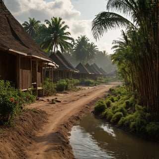 A super ultra clear HD HDR hyper-realistic and hyper-detailed photography, low angle shot of a detailed thailand tradisional wooden village houses, plants and bush, coconut trees, dirt road, tiki bamboo fance with miniature flowers, river. cinematic, hyper-realistic, enhanced reflections,  fading light, megapixel cinematic lighting, anti-aliasing, vignette, film grain, SFX, VFX, CGI, RTX, SSAO, FKAA, TXAA, HD HDR, depth of detail, rendered with octane render for realistic lighting and shadow, no blurry, with 12 billion parameters for clarity, texture, and detail.  hyperrealistic,
