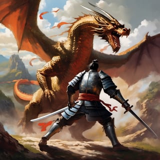 A samurai fighting a big dragon have pair of wings in a medieval painting style.,action_pose, knight&dragon