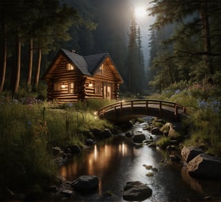 A quaint log cabin beside a babbling brook in a lush forest, with a stone path leading to a wooden bridge over the brook, wildflowers along the banks, warmly lit interior, scent of pine, creating a cozy environment. Close up view, Low-Angle Shot, cinematic, hyper-realistic, enhanced reflections, soft focus, anamorphic lens, megapixel cinematic lighting, anti-aliasing, vignette, film grain, SFX, VFX, CGI, RTX, SSAO, FKAA, TXAA, HD HDR, depth of field, rendered with octane render for realistic lighting and shadow, no blurry, with 12 billion parameters for clarity, texture, and detail. hyperrealistic,
