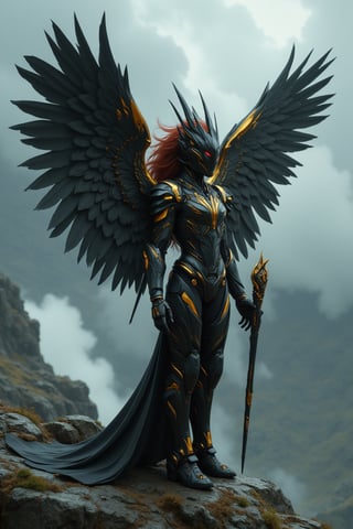 full_body, a young beautiful girl wear a VALKYRIE archangel armored suit, standing cofidently on top of mountain cliff, her (((large, intricately high-tech mecha feathered metal wings))) spread wide as if shielding the viewer from the turbulent weather. The archangel's armor glints with an oil-painted sheen, its intricate details and folds expertly rendered in shades of metallic black carbon fibre and gold steel. (((holding a huge black and gold intricate magic wand))). Her piercing gaze, dark red hair, seems to defy the raging storm, as if calling forth a mighty reckoning.hyperrealism, realistic portrait, photography, true color, subtle lighting, cinematography, Canon EOS R5, RF 85mm, ISO 300, vibrant color, more real realistic, volumetric clear intricate hyper details, volumetric clear texture, clear HD background, ultra HD realistic resolution, realistic shadow, epic fantasy character art, movie still, dramatic shadow, analogue diffusion style, CGSociety, Unreal Engine, Blender rendering, game cinematic, no smoke, mist, or fog, remove blur and noise, Angelic Knight