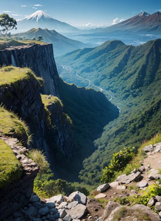 ilustrasi gambar, suasana berangin, di kejauhan tersergam gunung yg tinggi, telah definisi yang sangat terperinci, ultra tinggi, resolusi tinggi, (karya agung),