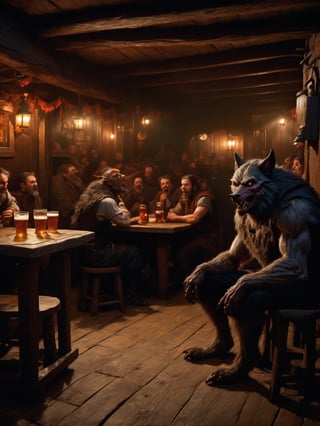 wide shot, best quality, masterpiece, photorealistic, natural skin texture, realistic eye and face details, beautiful shadow, hyperrealism, A rustic tavern, where werewolf patrons howl at the moon while sipping on frothy mugs of beer and feasting on juicy steaks cooked to perfection on (((Halloween day))), highly detailed, hyper realistic fantasy monster, cyborg style,Leonardo Style,HellAI