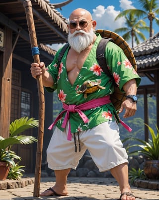 Full_body, Realistic photo of Master Roshi, ((dwarf)), Reference anime Dragon Ball, He wearing a ((casual holiday hawaiian shirt)), ((white shorts))) and wearing a (((Turtle Shell on his back))). He usually holding a turtle wizard wooden stick. fighting pose, futuristic background, highly detailed, high resolution, intricate details, action_pose, kung fu stance, best quality, masterpiece, , MikieHara,ABMavatar, anime,cyberpunk style, 