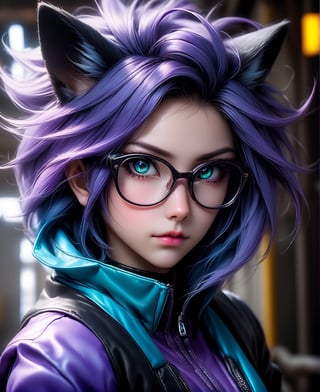 full body view of a realistic cyberpunk assassin girl with fox ears, wearing a cyan purple jacket and glasses, in an abandoned factory setting, featuring nekro xiii style, goth makeup with black lips and eyeliner, in a realistic anime art style with multicolor hair, fantasy elements, steampunk, ultra detailed, ultra quality, wide-angle lens, ultra realistic, with dramatic polarizing filter, vivid colors, sharp focus, HDR, UHD, 64K, 16mm, color graded portra 400 film, remarkable color, ultra realistic, detailed background,The Guyver, Kentaro Miura,art_booster,ABMavatar