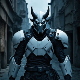 Close-up shot of the WHITE cybernatic samurai cyborg, wearing an oni mask and exoskeleton armor, amidst a dark and gritty urban landscape. The cybernetic enhancements are highlighted by a subtle blue glow, as the subject's gaze is fixed intently forward. The Enhanced Sensors on the helmet emit a faint hum, emphasizing the character's agility and quick repositioning capabilities. In the foreground, the nano tech grey circle gears at the center of the chest plate glimmer with a metallic sheen, contrasting with the dull gray of the urban surroundings. The massive shoulder armor plates are adorned with intricate circuitry patterns, adding to the overall futuristic aesthetic. The cyborg's dominant hand grasps a sleek, high-tech sword, while its free arm rests protectively across the chest. A dramatic shadow falls across the subject's face, accentuating the oni mask and emphasizing the character's mysterious and intimidating presence.